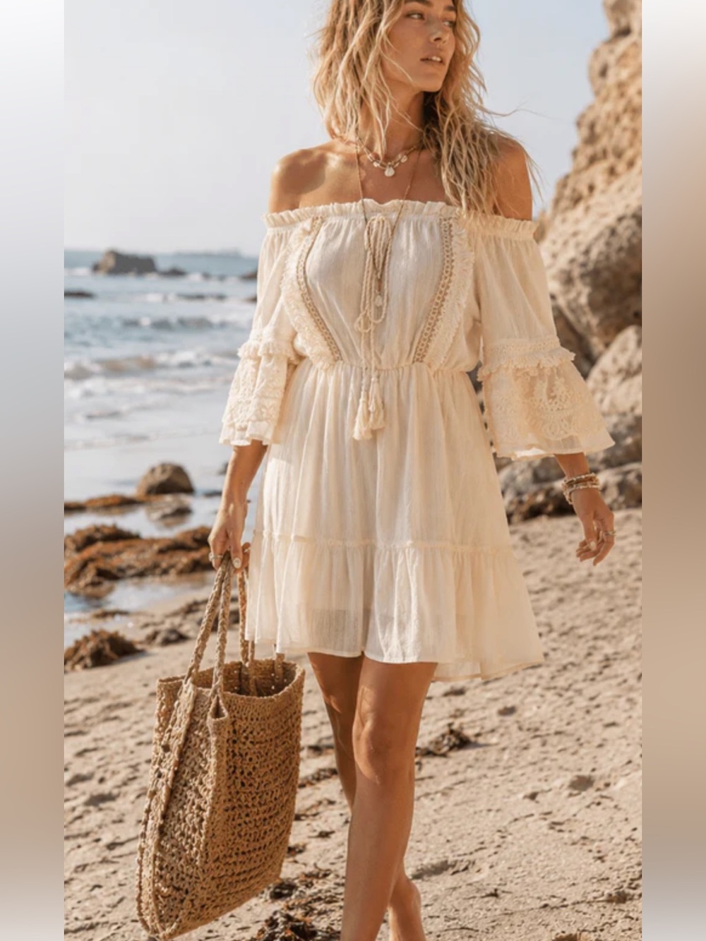 Boho NWT Off-Shoulder White Dress with Cream Lace Trim size S-M-L
